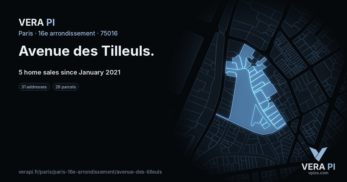 Avenue des Tilleuls, 16e arrondissement at night – every parcel coloured by the prices around it, the street's own parcels lit