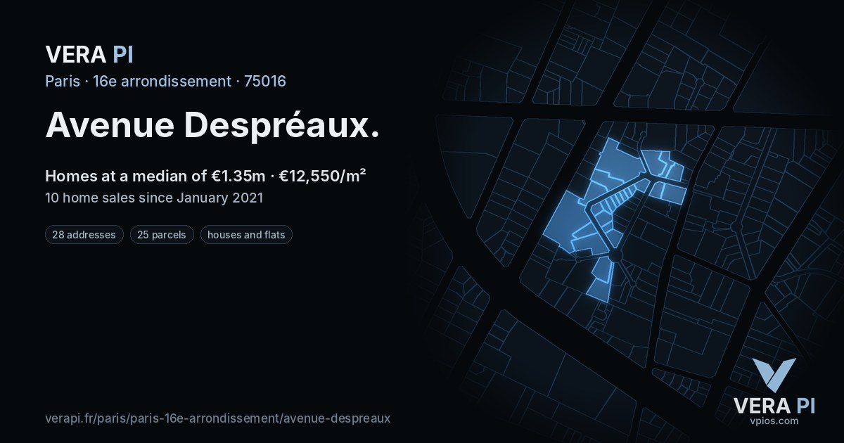 Avenue Despréaux, 16e arrondissement at night – every parcel coloured by the prices around it, the street's own parcels lit