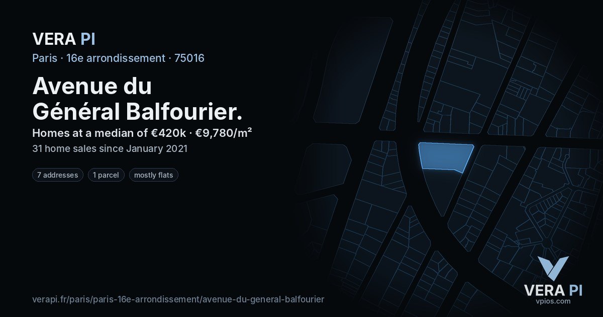 Avenue du Général Balfourier, 16e arrondissement at night – every parcel coloured by the prices around it, the street's own parcels lit