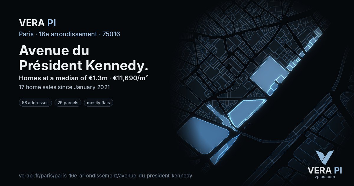Avenue du Président Kennedy, 16e arrondissement at night – every parcel coloured by the prices around it, the street's own parcels lit
