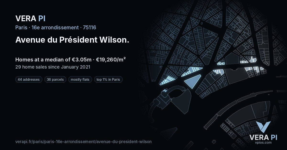 Avenue du Président Wilson, 16e arrondissement at night – every parcel coloured by the prices around it, the street's own parcels lit