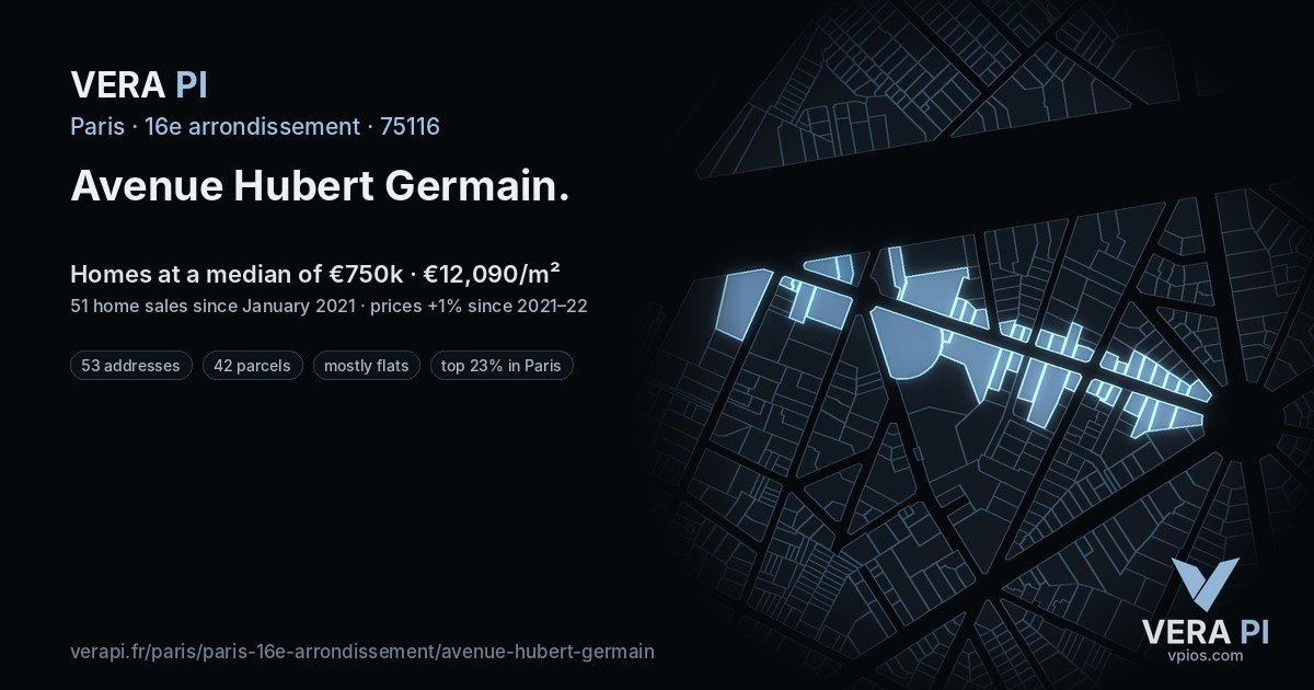 Avenue Hubert Germain, 16e arrondissement at night – every parcel coloured by the prices around it, the street's own parcels lit