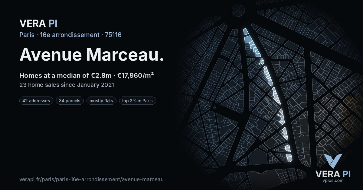 Avenue Marceau, 16e arrondissement at night – every parcel coloured by the prices around it, the street's own parcels lit