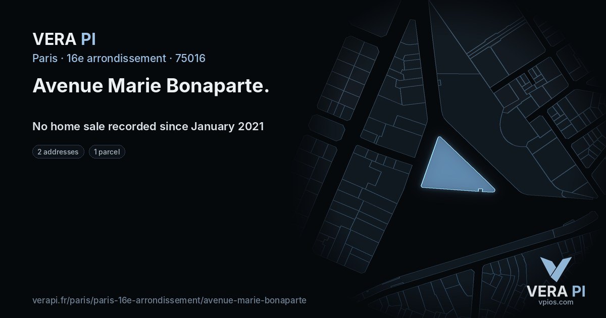 Avenue Marie Bonaparte, 16e arrondissement at night – every parcel coloured by the prices around it, the street's own parcels lit
