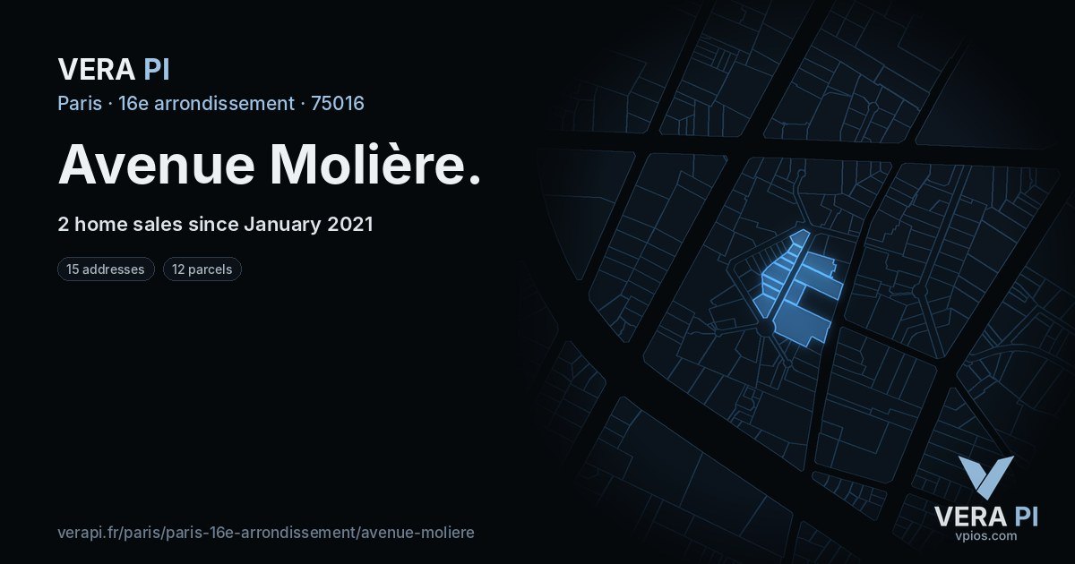 Avenue Molière, 16e arrondissement at night – every parcel coloured by the prices around it, the street's own parcels lit