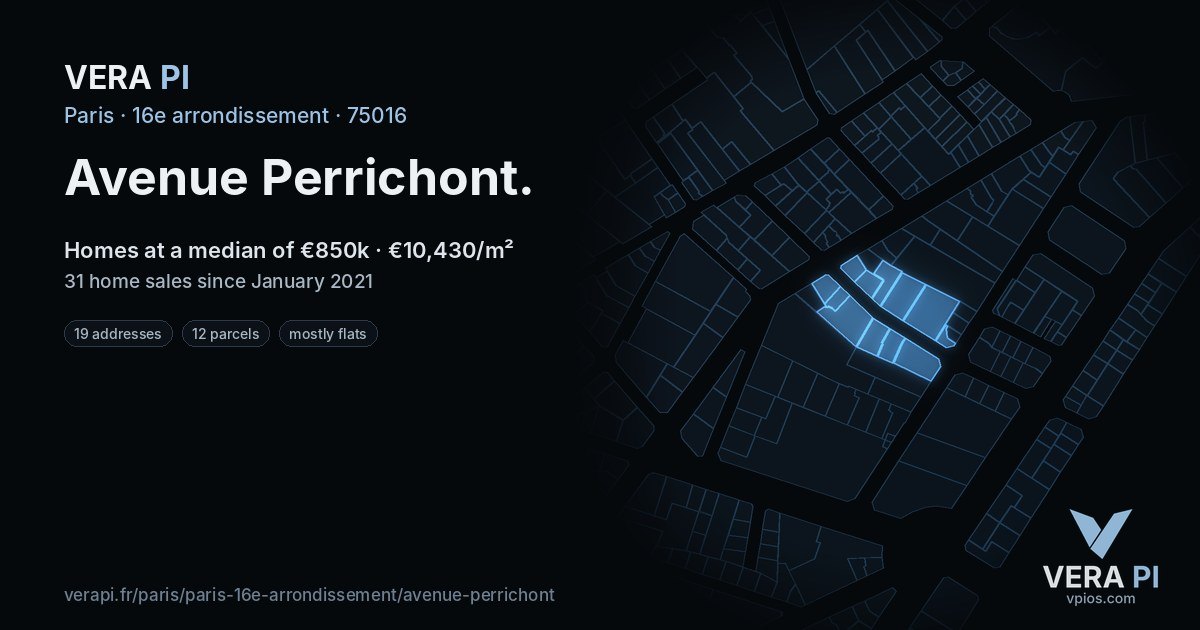 Avenue Perrichont, 16e arrondissement at night – every parcel coloured by the prices around it, the street's own parcels lit