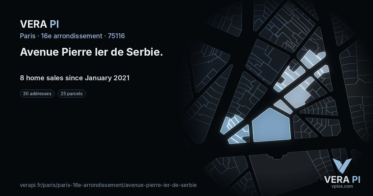Avenue Pierre Ier de Serbie, 16e arrondissement at night – every parcel coloured by the prices around it, the street's own parcels lit