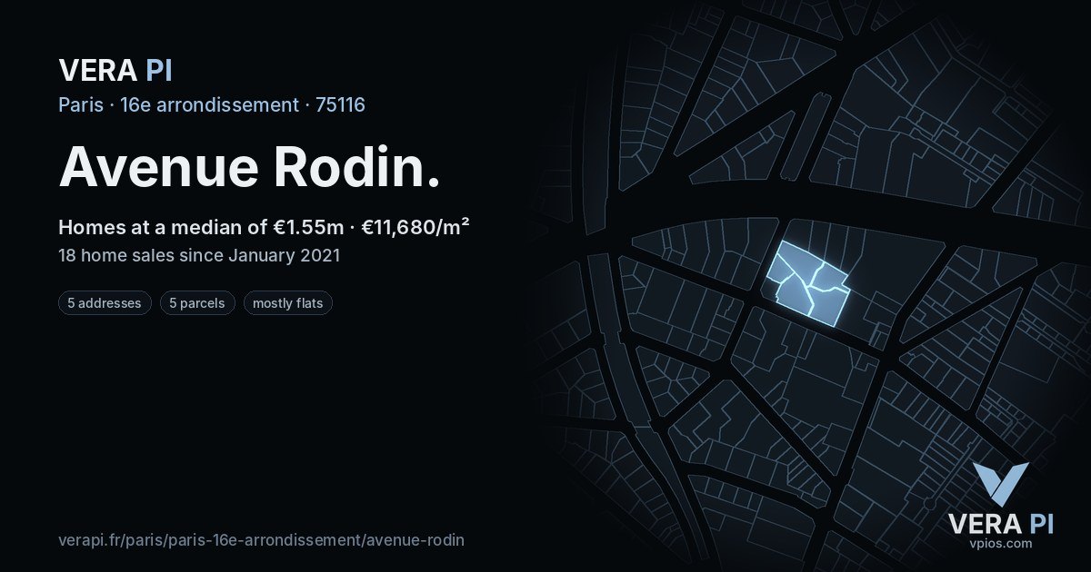 Avenue Rodin, 16e arrondissement at night – every parcel coloured by the prices around it, the street's own parcels lit