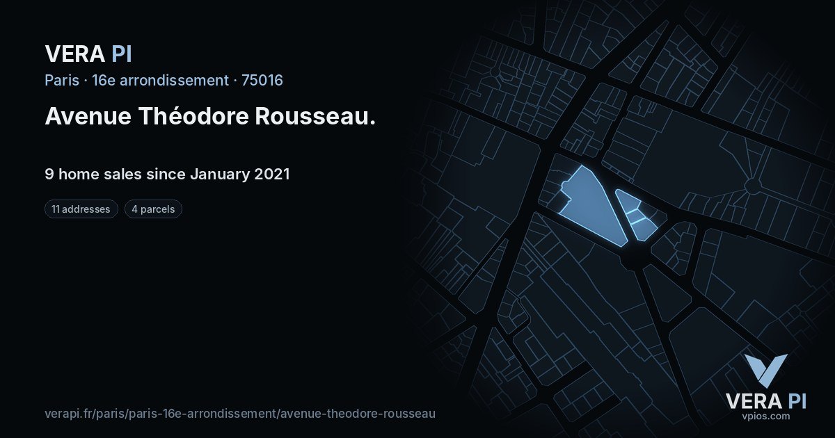 Avenue Théodore Rousseau, 16e arrondissement at night – every parcel coloured by the prices around it, the street's own parcels lit