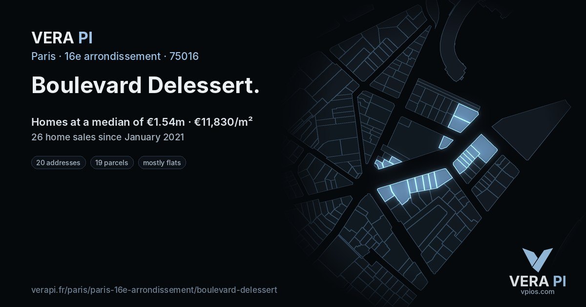 Boulevard Delessert, 16e arrondissement at night – every parcel coloured by the prices around it, the street's own parcels lit