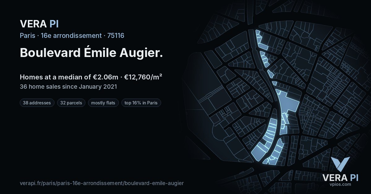 Boulevard Émile Augier, 16e arrondissement at night – every parcel coloured by the prices around it, the street's own parcels lit
