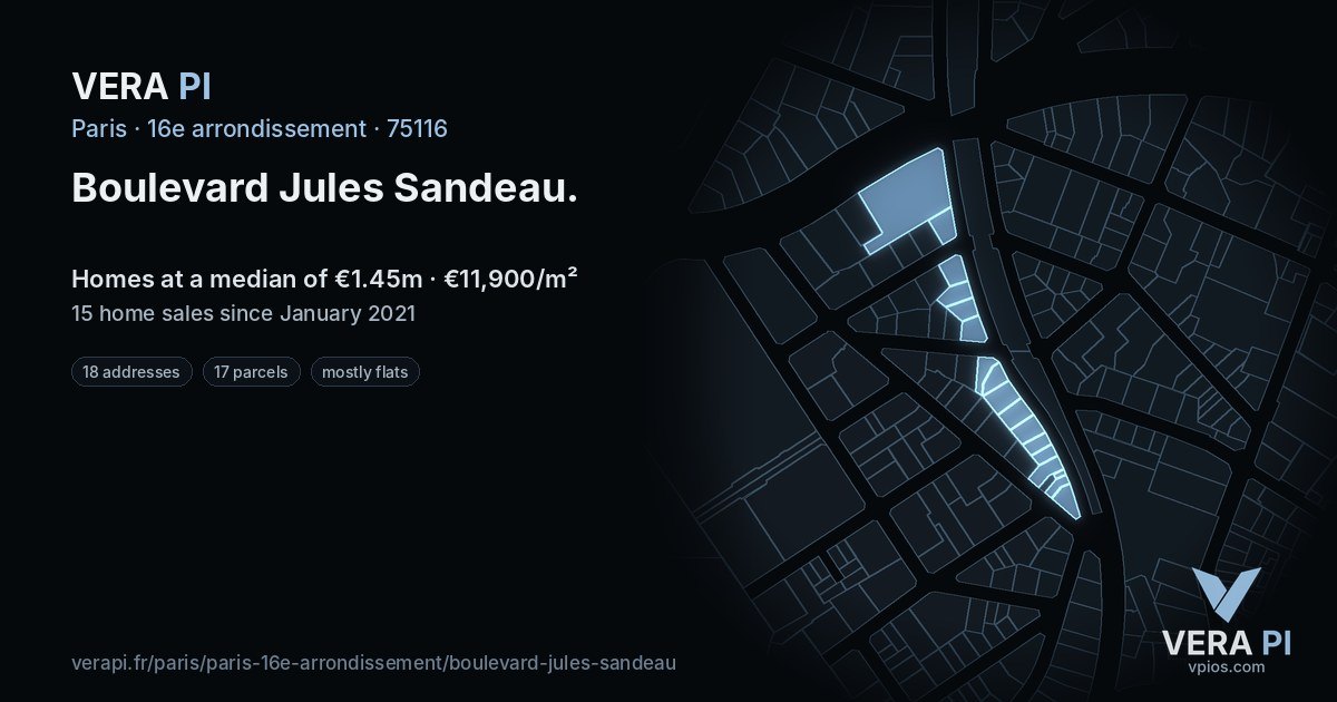 Boulevard Jules Sandeau, 16e arrondissement at night – every parcel coloured by the prices around it, the street's own parcels lit