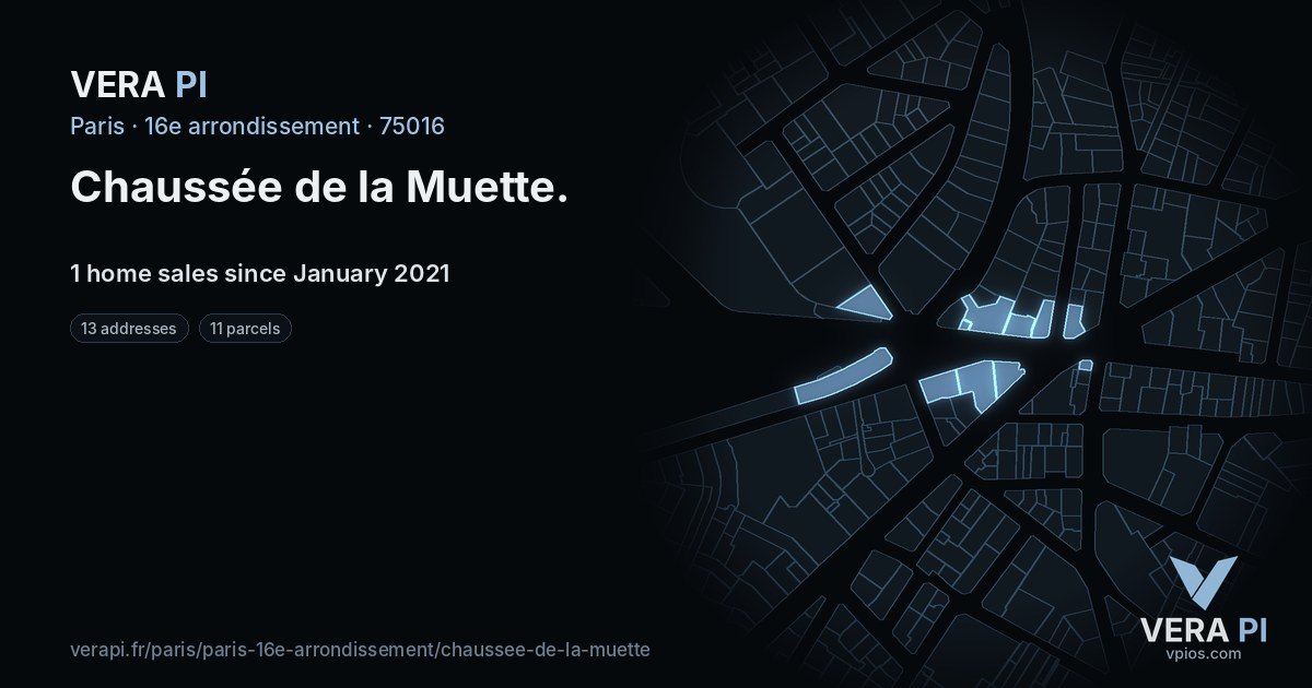 Chaussée de la Muette, 16e arrondissement at night – every parcel coloured by the prices around it, the street's own parcels lit