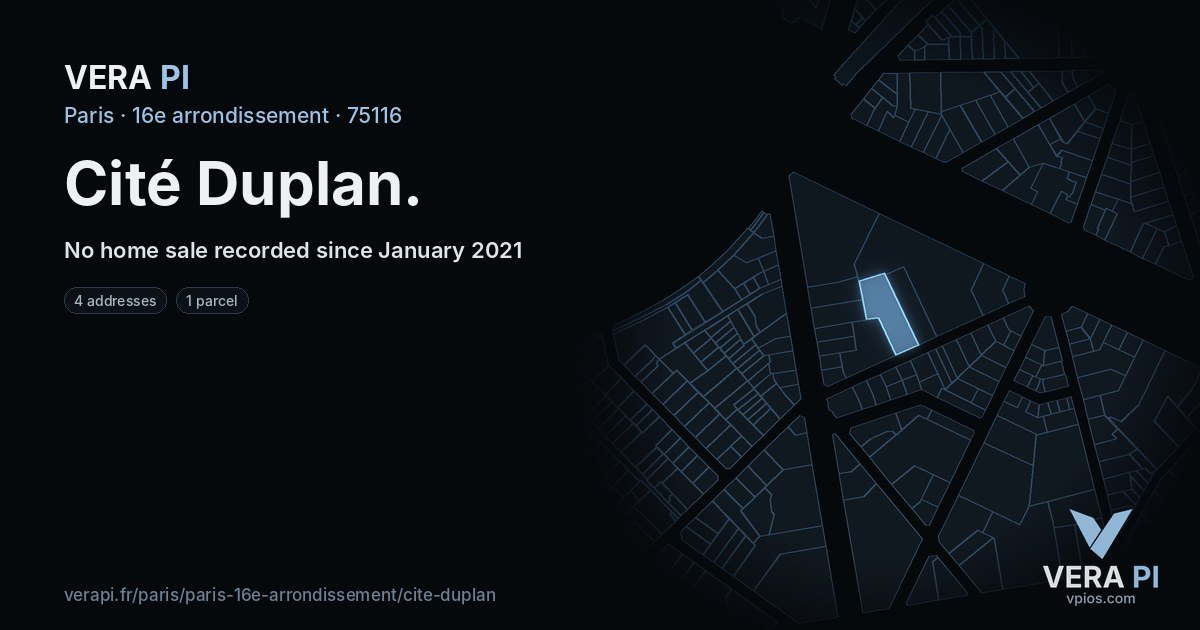 Cité Duplan, 16e arrondissement at night – every parcel coloured by the prices around it, the street's own parcels lit