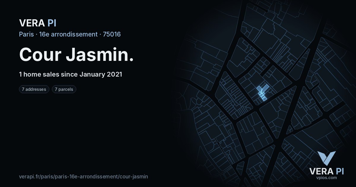 Cour Jasmin, 16e arrondissement at night – every parcel coloured by the prices around it, the street's own parcels lit