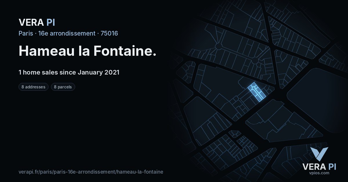 Hameau la Fontaine, 16e arrondissement at night – every parcel coloured by the prices around it, the street's own parcels lit