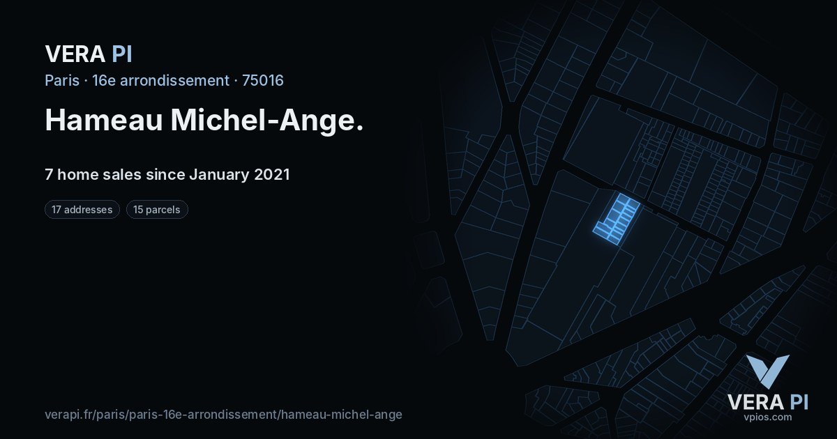 Hameau Michel-Ange, 16e arrondissement at night – every parcel coloured by the prices around it, the street's own parcels lit