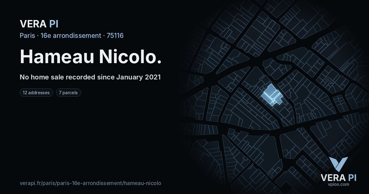 Hameau Nicolo, 16e arrondissement at night – every parcel coloured by the prices around it, the street's own parcels lit