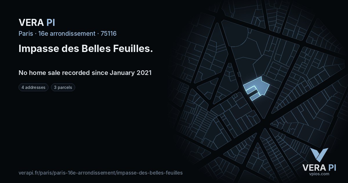Impasse des Belles Feuilles, 16e arrondissement at night – every parcel coloured by the prices around it, the street's own parcels lit