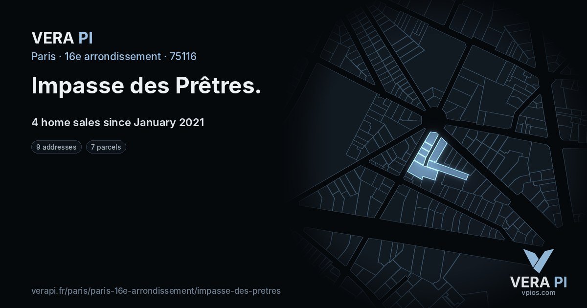 Impasse des Prêtres, 16e arrondissement at night – every parcel coloured by the prices around it, the street's own parcels lit