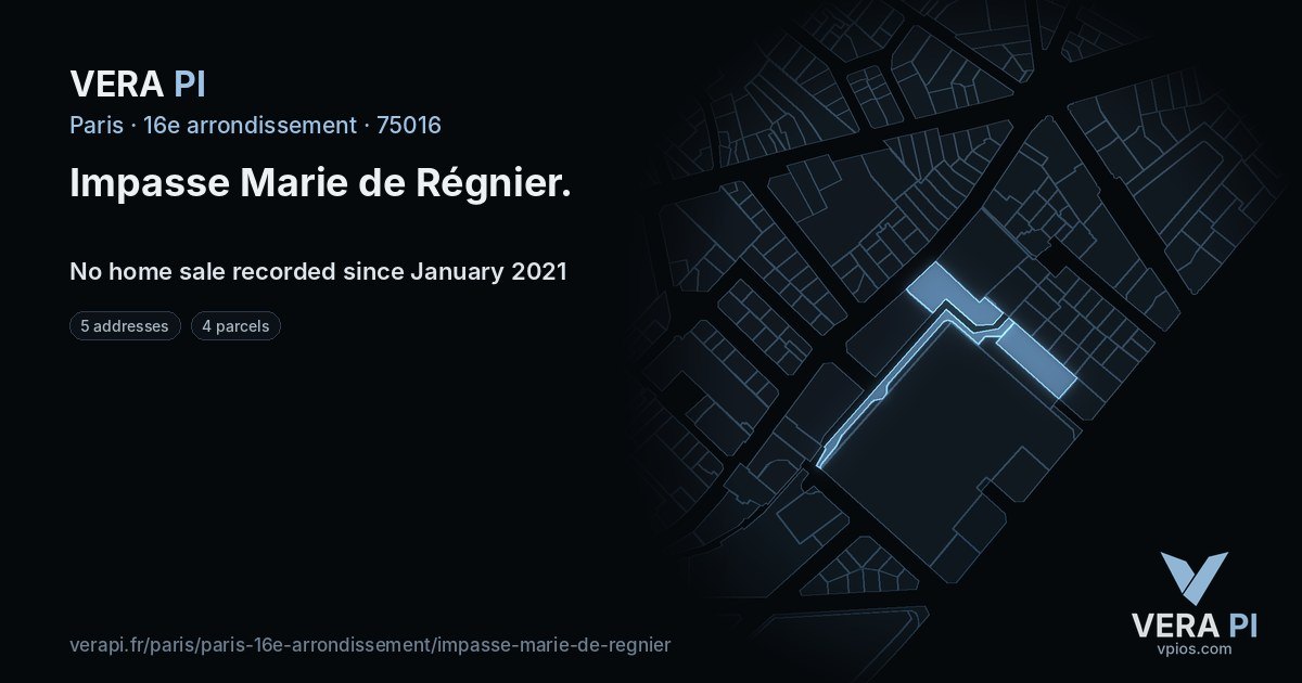 Impasse Marie de Régnier, 16e arrondissement at night – every parcel coloured by the prices around it, the street's own parcels lit