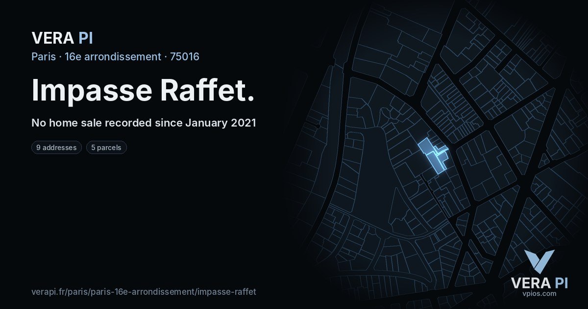 Impasse Raffet, 16e arrondissement at night – every parcel coloured by the prices around it, the street's own parcels lit