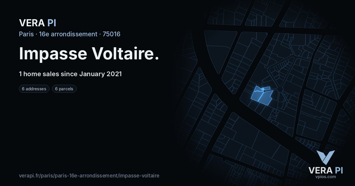 Impasse Voltaire, 16e arrondissement at night – every parcel coloured by the prices around it, the street's own parcels lit