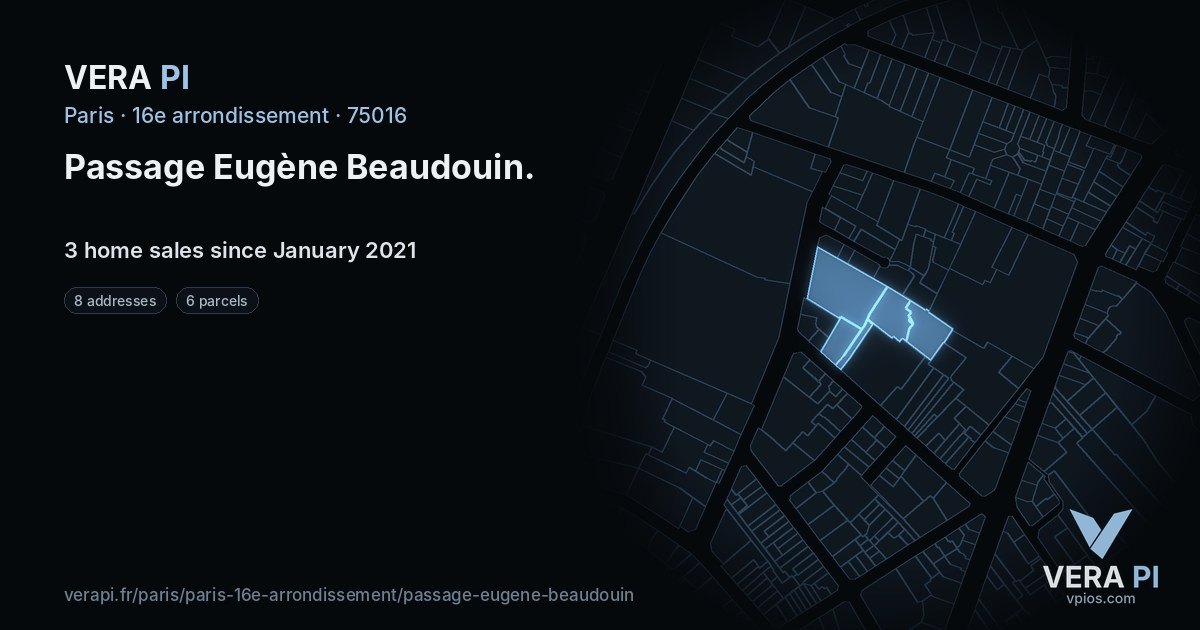 Passage Eugène Beaudouin, 16e arrondissement at night – every parcel coloured by the prices around it, the street's own parcels lit