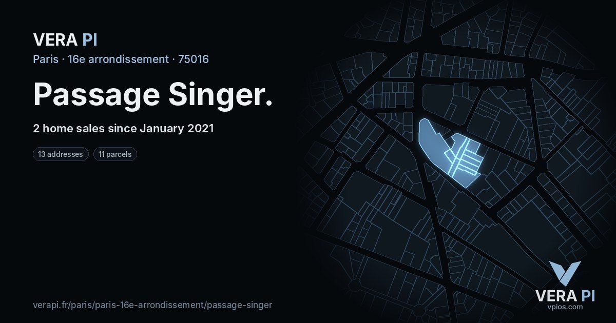Passage Singer, 16e arrondissement at night – every parcel coloured by the prices around it, the street's own parcels lit