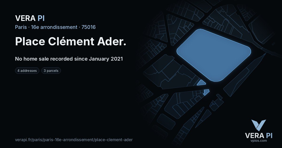 Place Clément Ader, 16e arrondissement at night – every parcel coloured by the prices around it, the street's own parcels lit