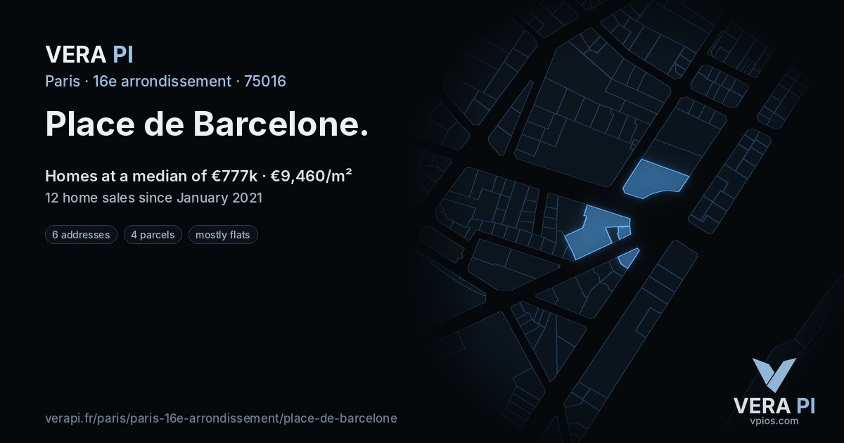 Place de Barcelone, 16e arrondissement at night – every parcel coloured by the prices around it, the street's own parcels lit