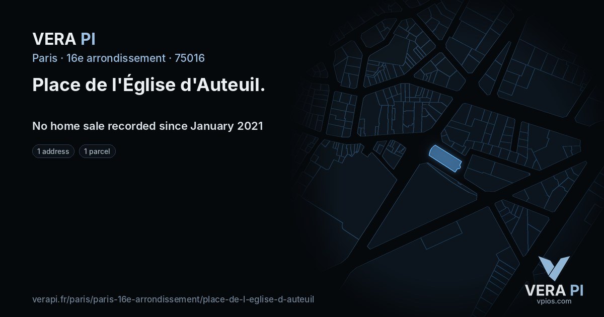 Place de l'Église d'Auteuil, 16e arrondissement at night – every parcel coloured by the prices around it, the street's own parcels lit