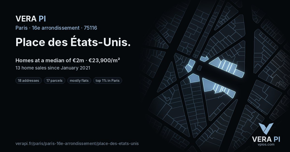 Place des États-Unis, 16e arrondissement at night – every parcel coloured by the prices around it, the street's own parcels lit