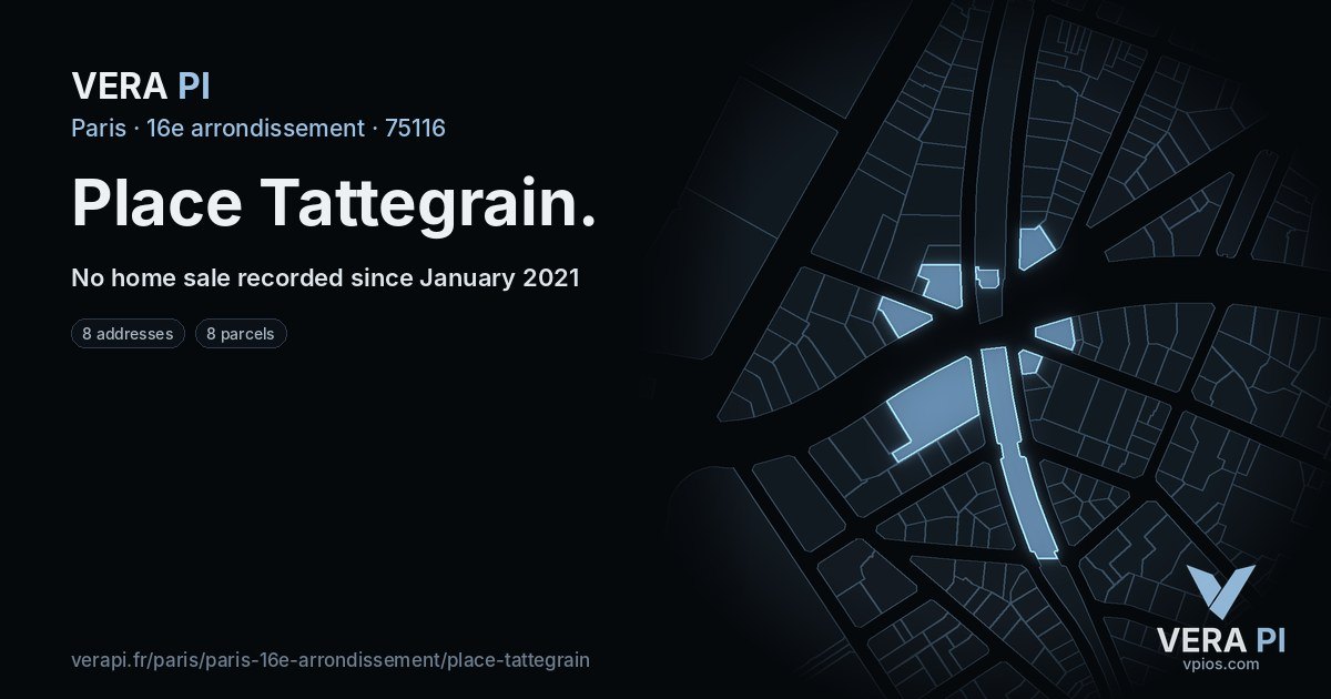 Place Tattegrain, 16e arrondissement at night – every parcel coloured by the prices around it, the street's own parcels lit