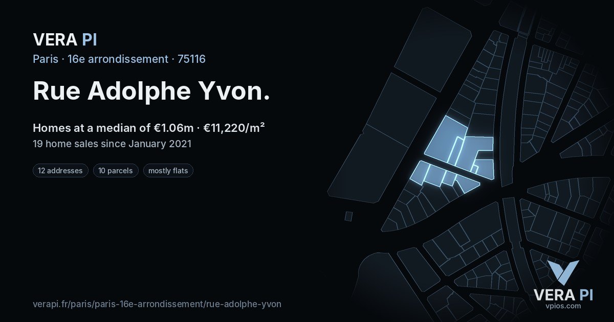 Rue Adolphe Yvon, 16e arrondissement at night – every parcel coloured by the prices around it, the street's own parcels lit