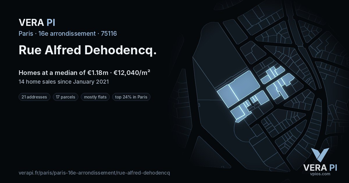 Rue Alfred Dehodencq, 16e arrondissement at night – every parcel coloured by the prices around it, the street's own parcels lit
