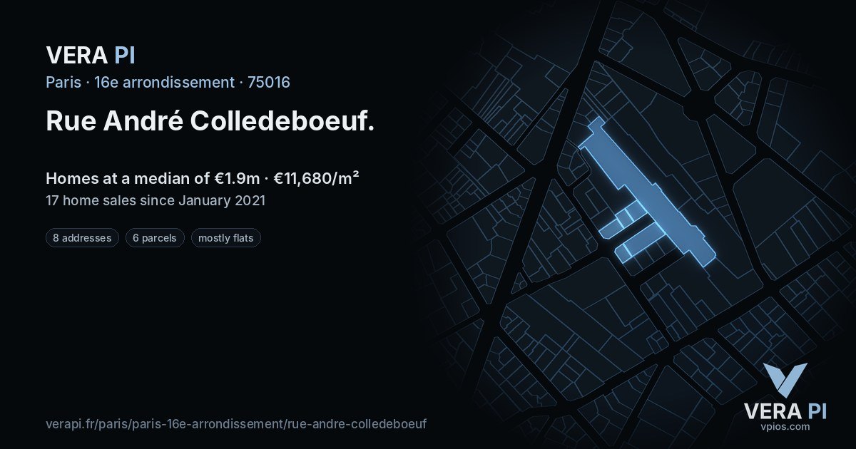 Rue André Colledeboeuf, 16e arrondissement at night – every parcel coloured by the prices around it, the street's own parcels lit