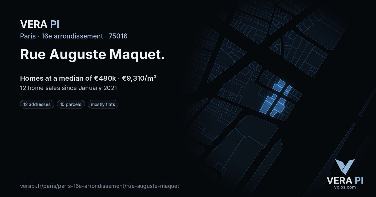 Rue Auguste Maquet, 16e arrondissement at night – every parcel coloured by the prices around it, the street's own parcels lit