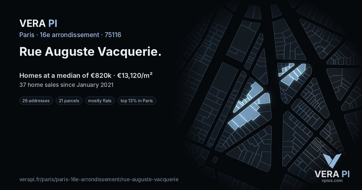 Rue Auguste Vacquerie, 16e arrondissement at night – every parcel coloured by the prices around it, the street's own parcels lit