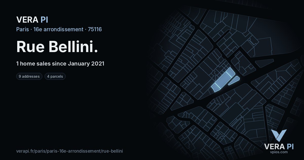 Rue Bellini, 16e arrondissement at night – every parcel coloured by the prices around it, the street's own parcels lit