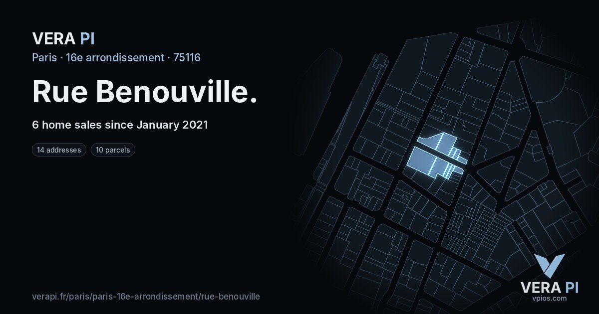 Rue Benouville, 16e arrondissement at night – every parcel coloured by the prices around it, the street's own parcels lit