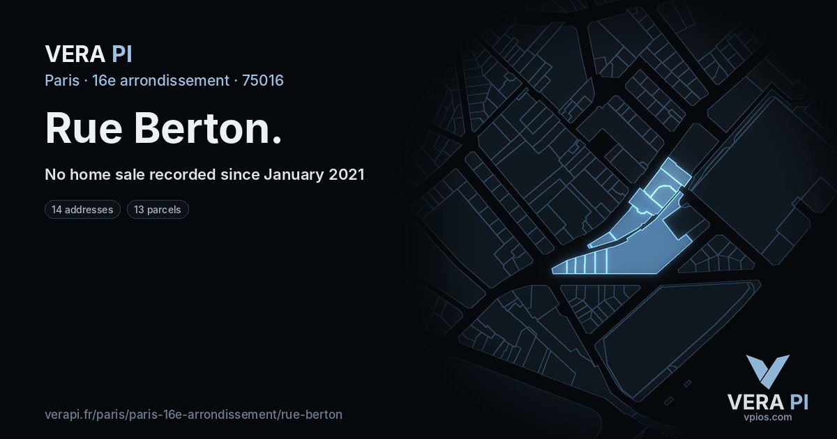 Rue Berton, 16e arrondissement at night – every parcel coloured by the prices around it, the street's own parcels lit