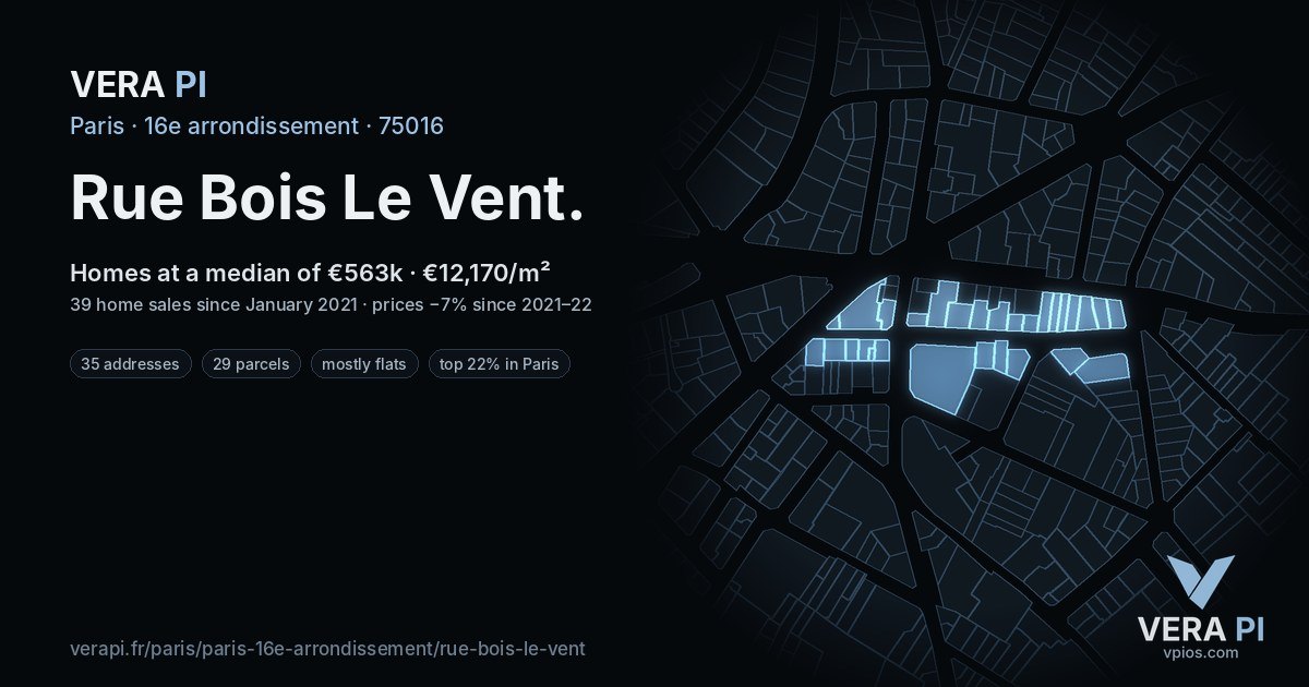 Rue Bois Le Vent, 16e arrondissement at night – every parcel coloured by the prices around it, the street's own parcels lit