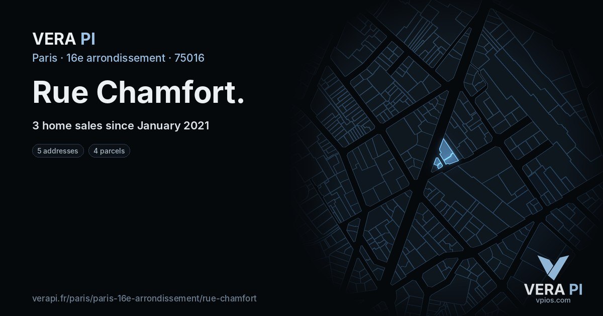 Rue Chamfort, 16e arrondissement at night – every parcel coloured by the prices around it, the street's own parcels lit