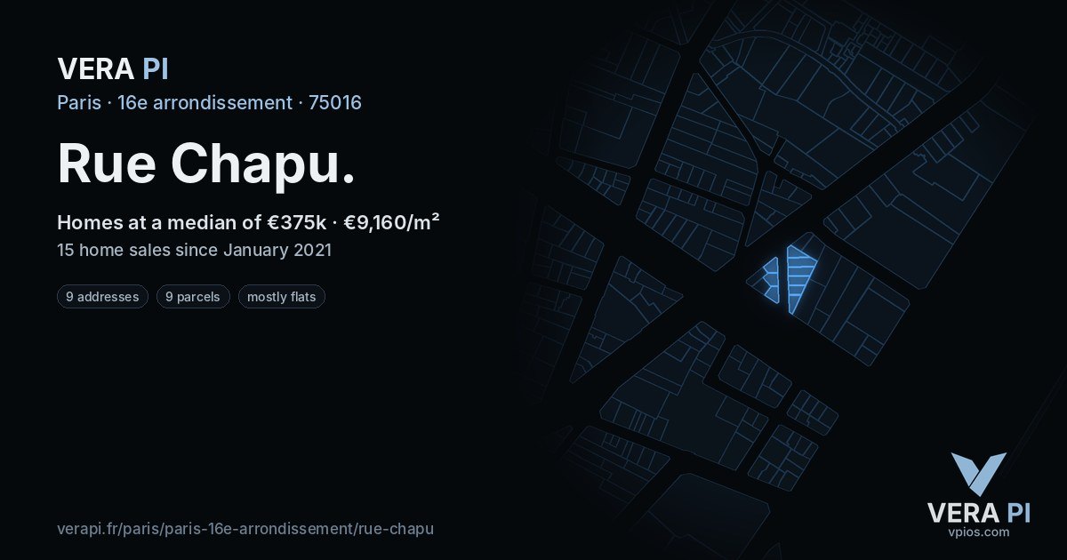 Rue Chapu, 16e arrondissement at night – every parcel coloured by the prices around it, the street's own parcels lit