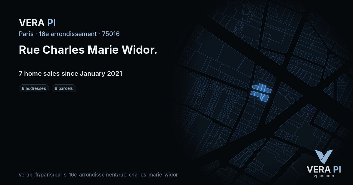 Rue Charles Marie Widor, 16e arrondissement at night – every parcel coloured by the prices around it, the street's own parcels lit