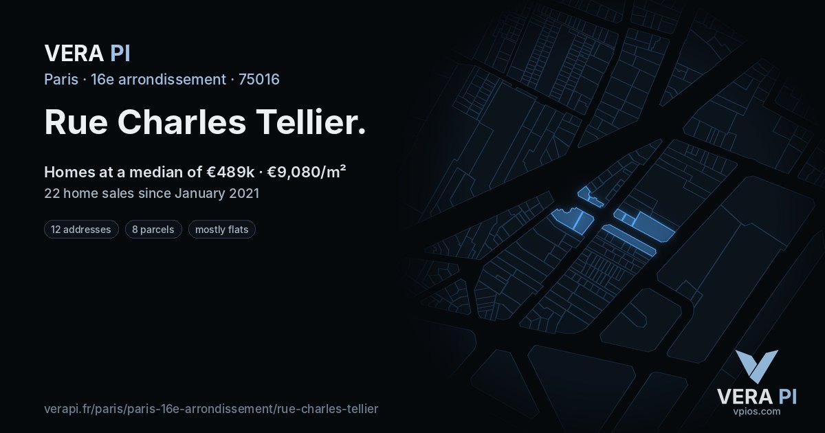 Rue Charles Tellier, 16e arrondissement at night – every parcel coloured by the prices around it, the street's own parcels lit