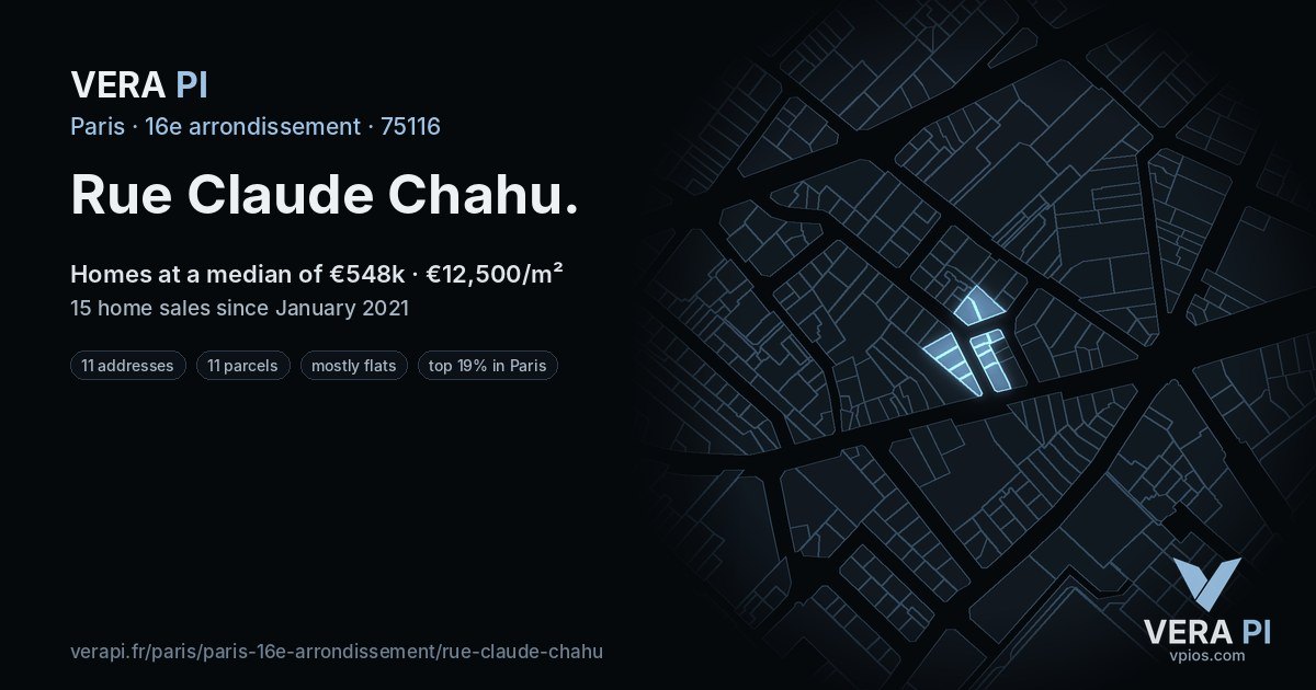 Rue Claude Chahu, 16e arrondissement at night – every parcel coloured by the prices around it, the street's own parcels lit