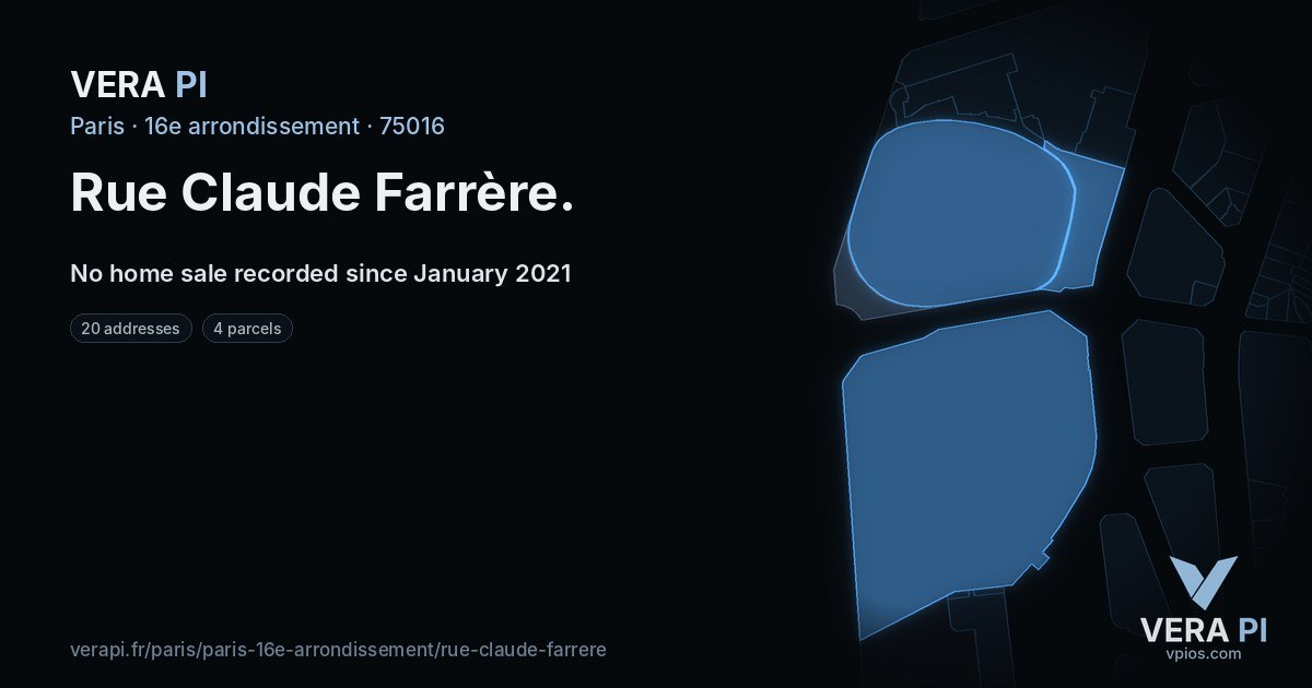 Rue Claude Farrère, 16e arrondissement at night – every parcel coloured by the prices around it, the street's own parcels lit