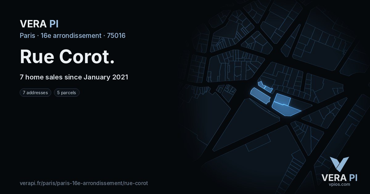 Rue Corot, 16e arrondissement at night – every parcel coloured by the prices around it, the street's own parcels lit